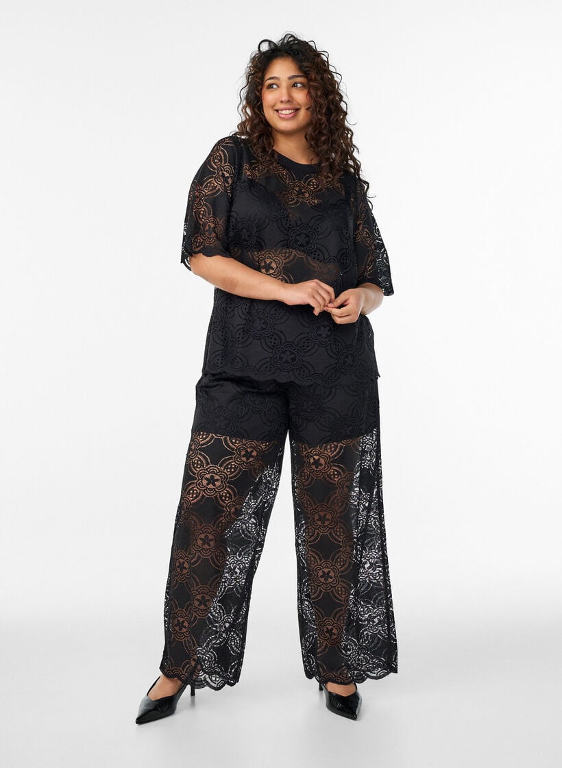 High-waisted wide-leg lace trousers, Black, Model image number 0