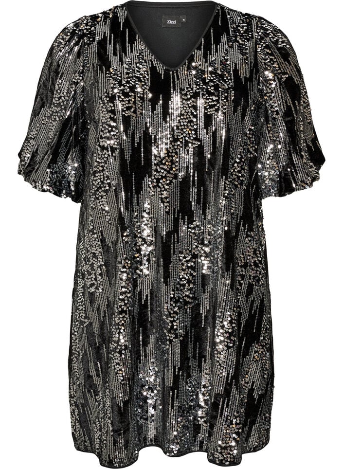 Short sequin dress with balloon sleeves, Black, Packshot image number 0