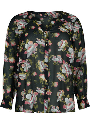 Printed v-neck shirt, Black/Beige Flower, Packshot image number 0