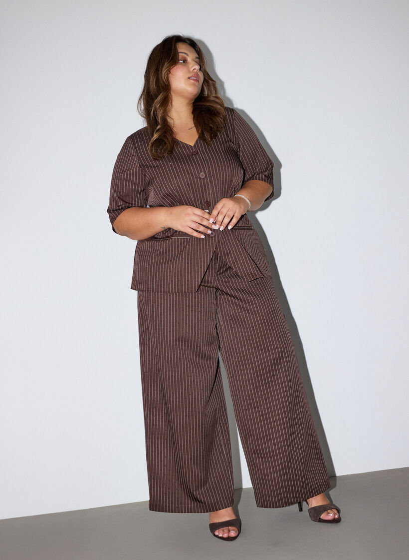 Pinstripe trousers with rhinestones and wide legs, Brown, Model image number 0