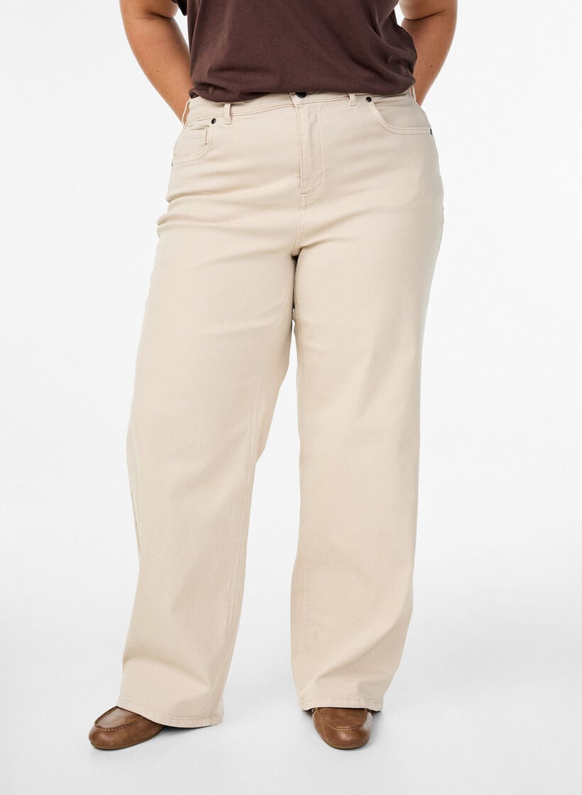 Coloured Myra jeans with wide fit and high waist, Vanilla, Model image number 2