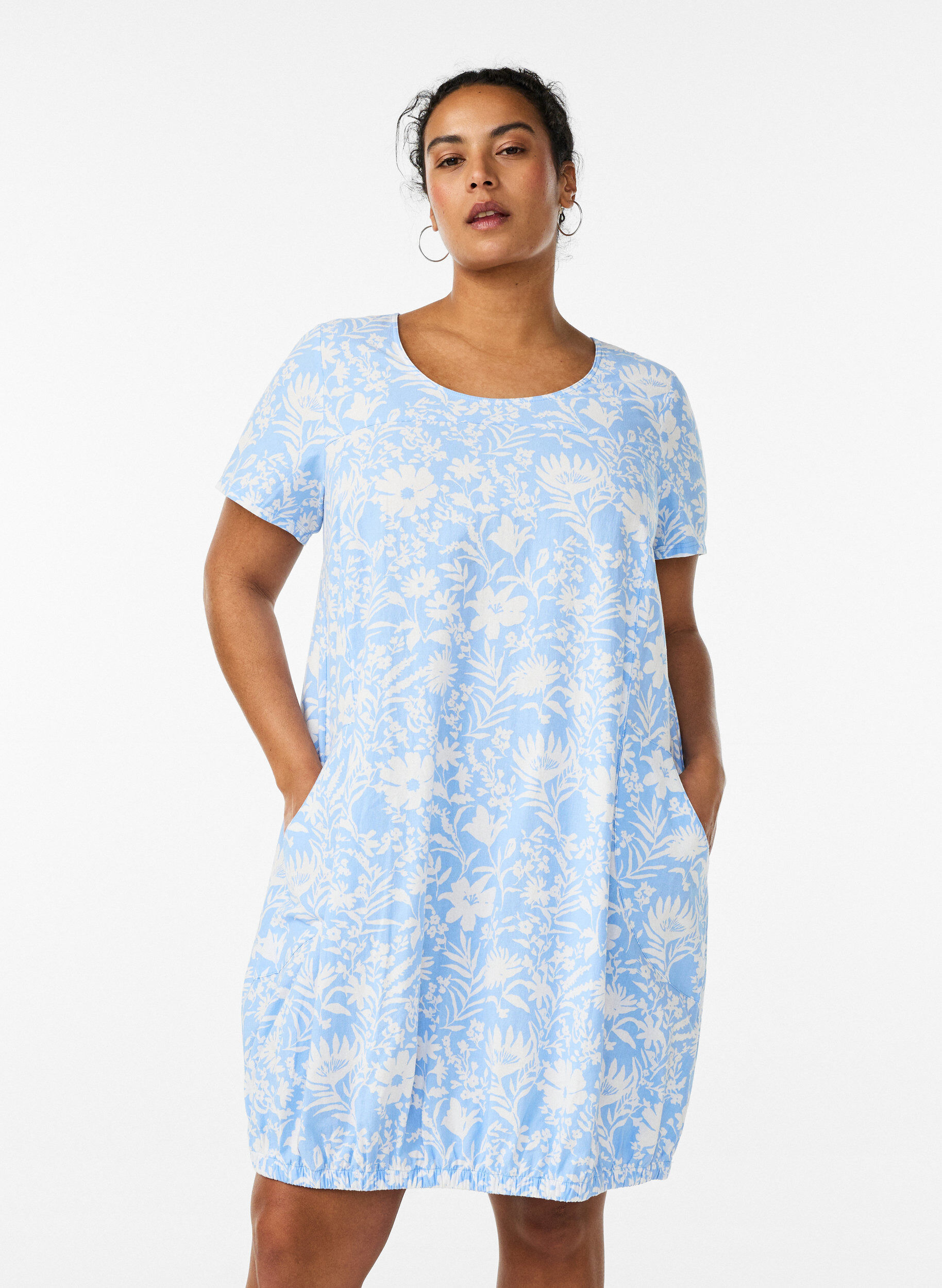 ZizzifashionShort-sleeved cotton dress with print, Vanilla, Model image number 0