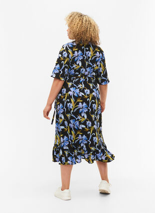 Printed wrap dress with short sleeves , Black Blue Flower, Model image number 1