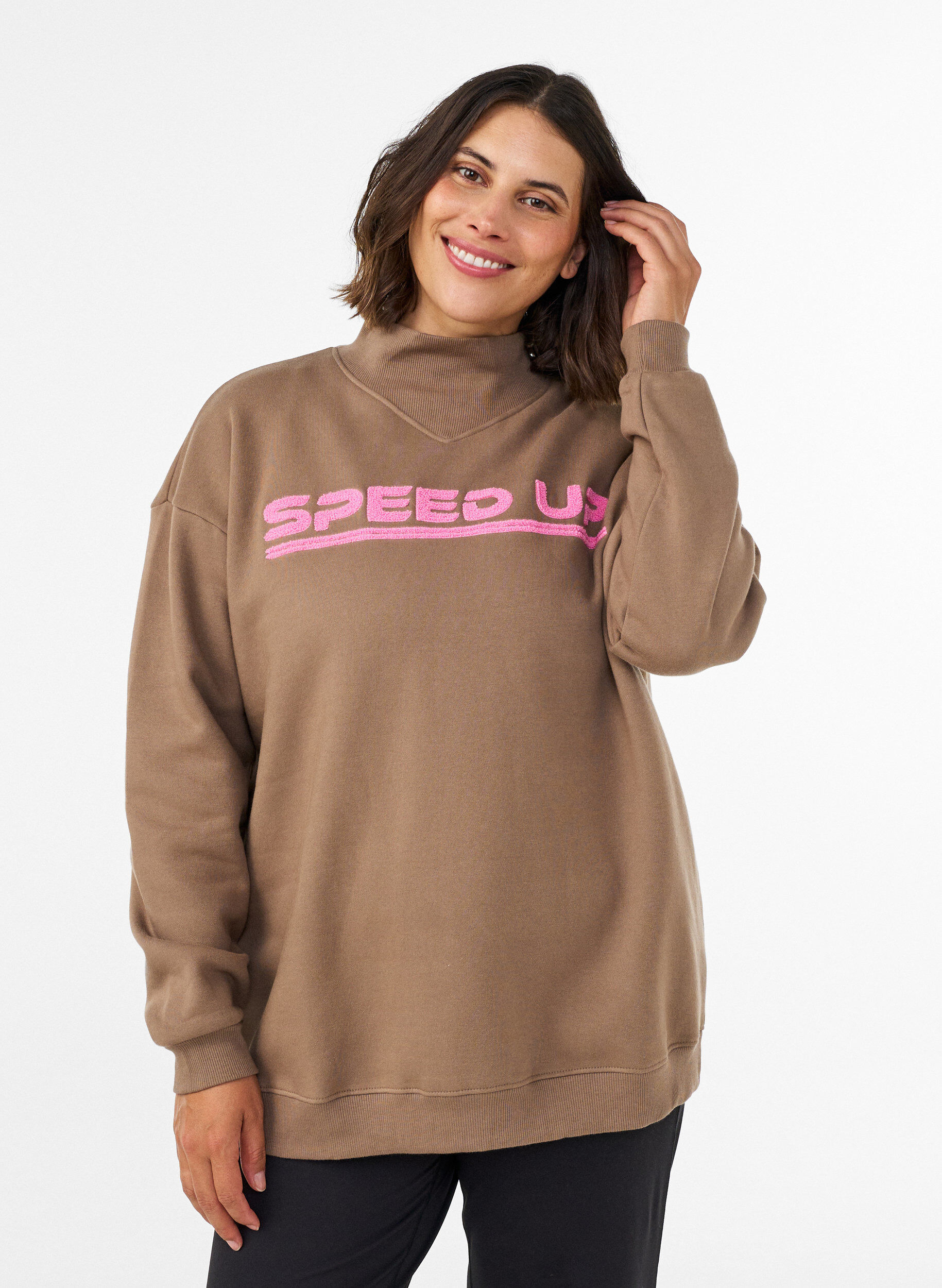 Sweatshirt with high neck and sporty front motif, Brown, Model