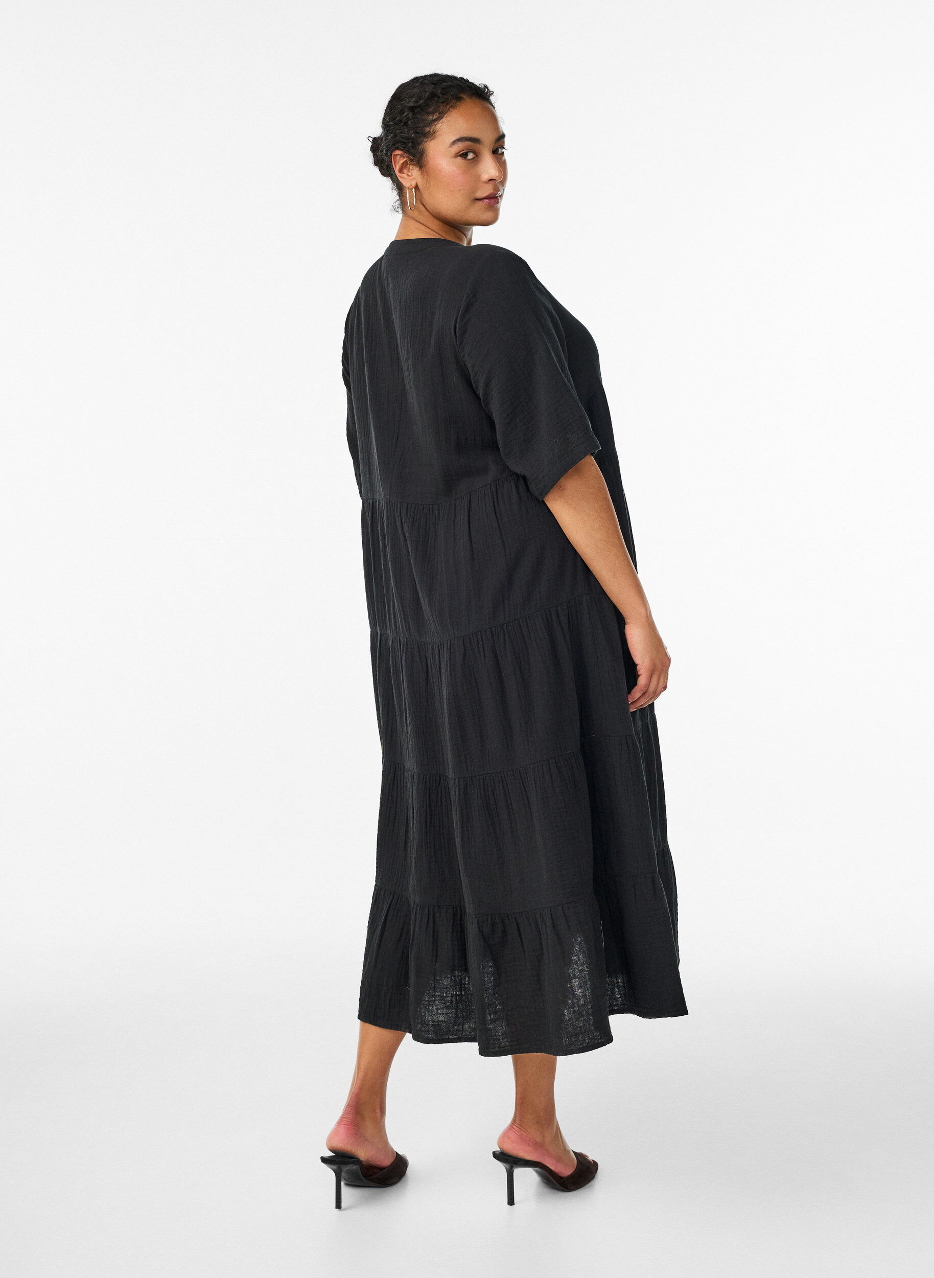 Zizzifashion A-line midi dress in cotton muslin, Black, Model image number 2
