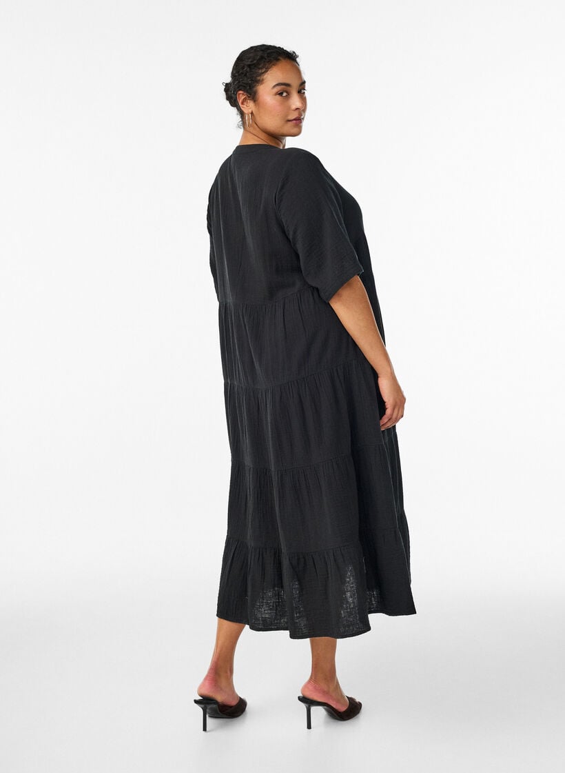 A-line midi dress in cotton muslin, Black, Model image number 2