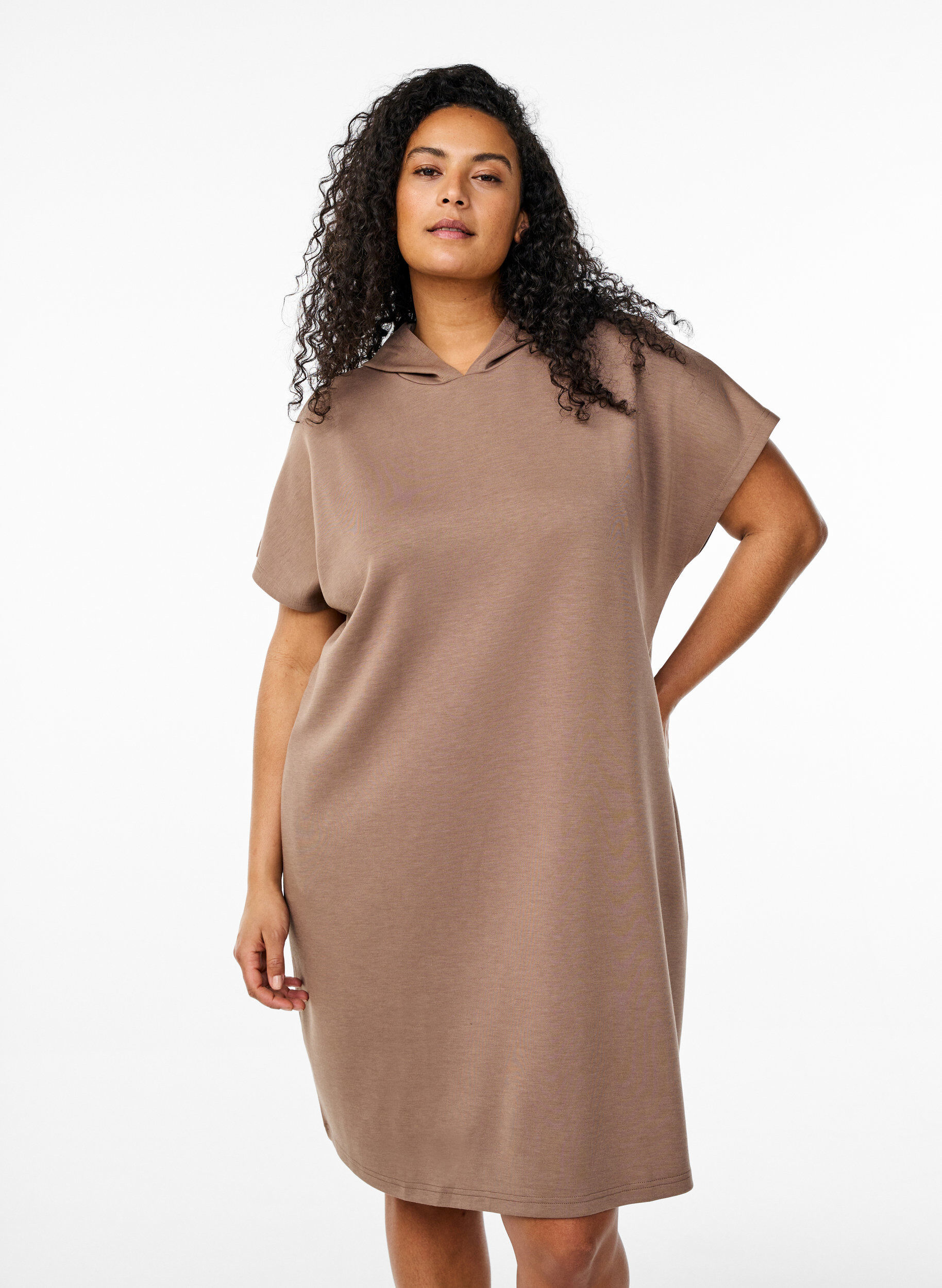 Zizzifashion Short sleeve sweat dress in modal mix, Brown, Model image number 0