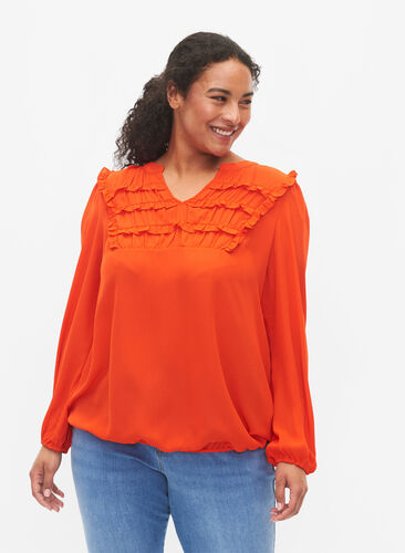 Long-sleeved blouse with frilled details, Orange.com, Model image number 0