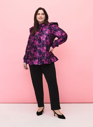 Floral jacquard blouse with ruffle details, Dark Blue Pink, Model image number 2
