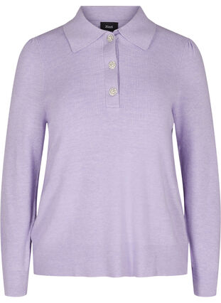 Knitted blouse with collar and embellished buttons, Purple Rose Mel., Packshot image number 0