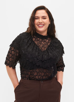 Lace top with ruffles and 2/4 sleeves, Black, Model image number 0