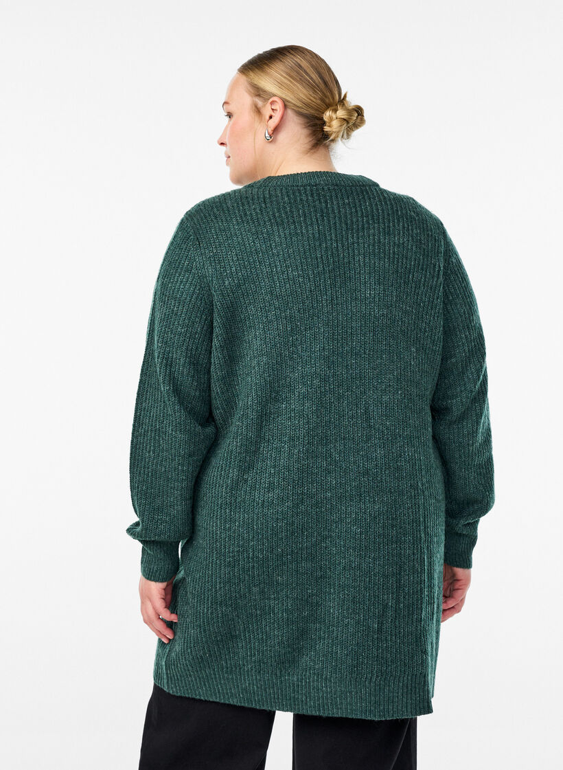 FLASH - Long rib knit cardigan with pockets, Green, Model image number 2