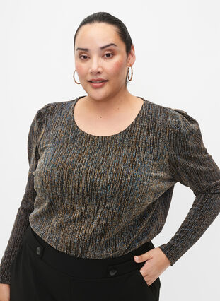 Gold-colored glitter blouse with long sleeves, Black w. Gold, Model image number 2
