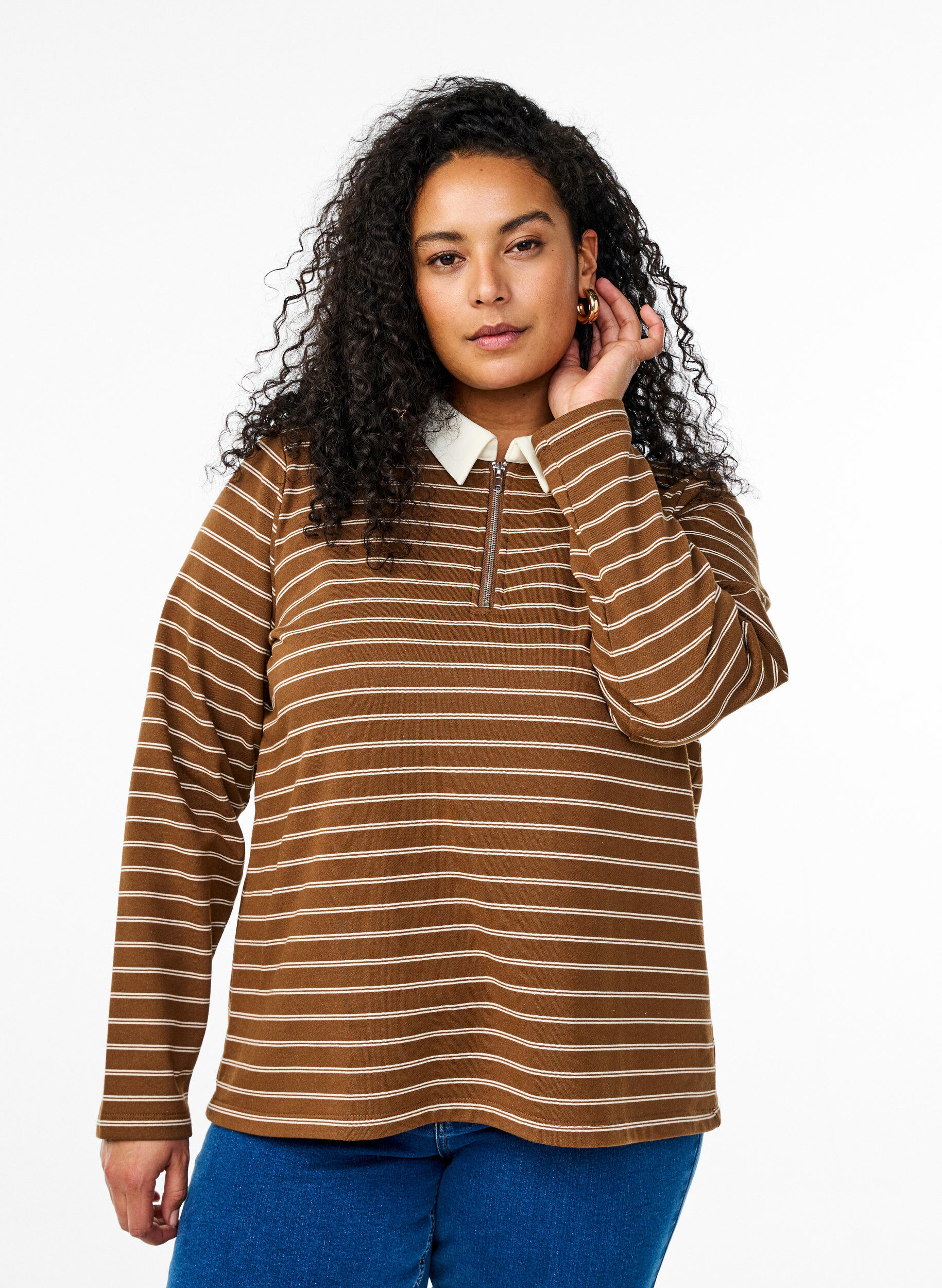 Striped polo shirt with zipper, Brown, Model