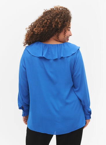 Long sleeve ruffle blouse, Strong Blue, Model image number 1