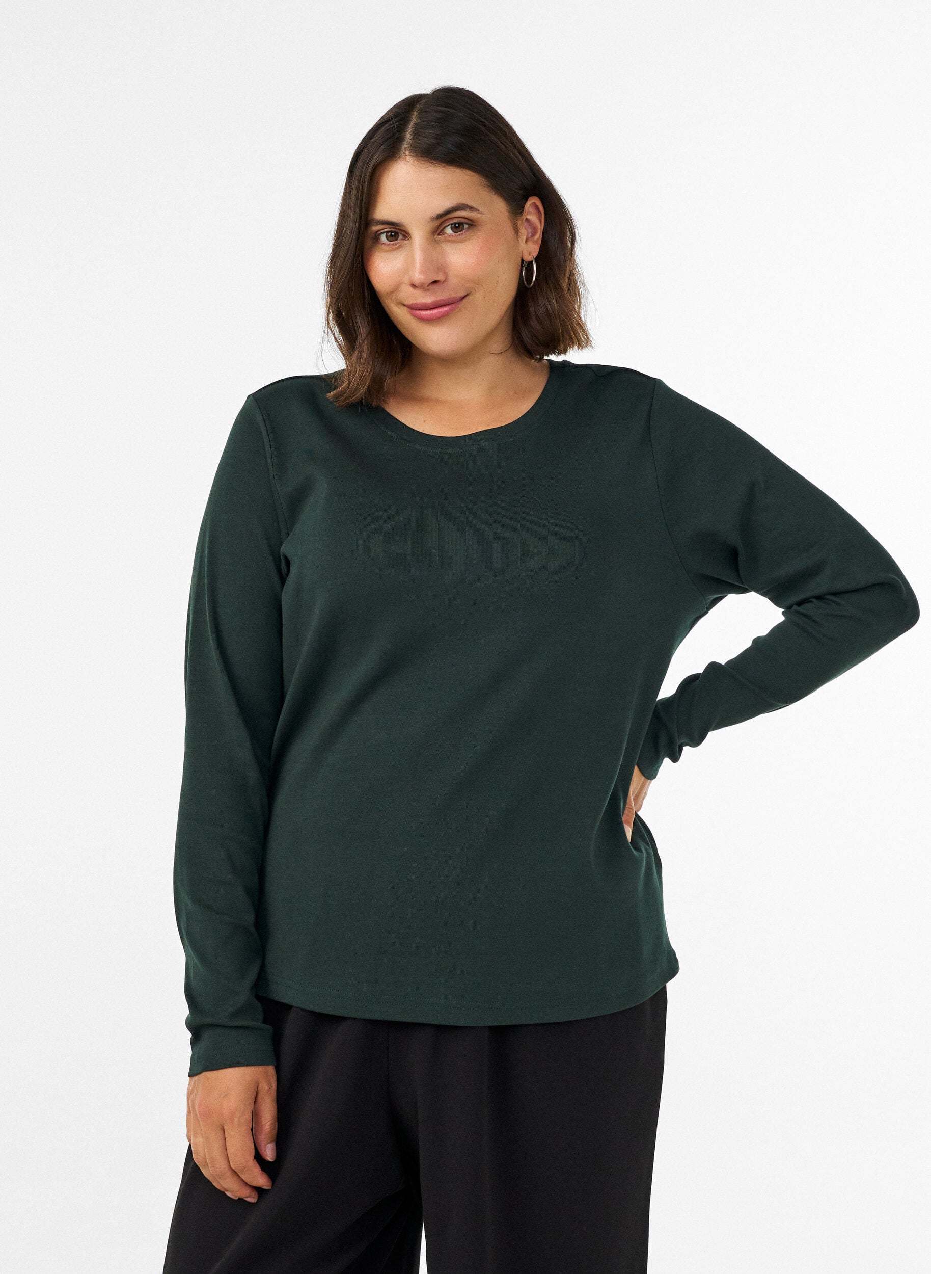 ZizzifashionLong-sleeved basic T-shirt with round neck, Green, Model image number 0