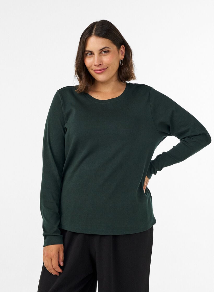 Long-sleeved basic T-shirt with round neck, Green, Model image number 0