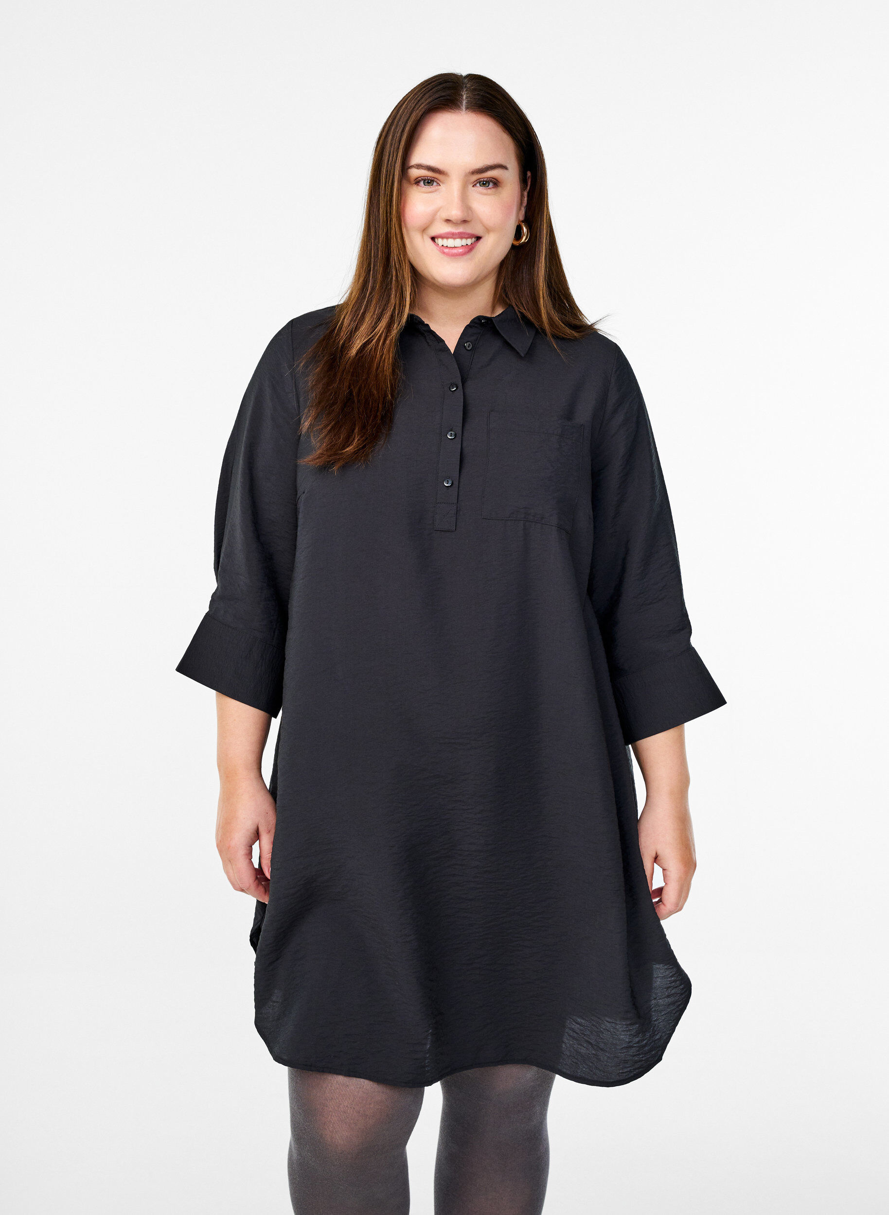 Short dress with collar and chest pocket, Black, Model