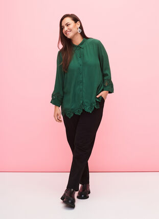 Viscose shirt with 3/4 sleeves and embroidery details, Hunter Green, Model image number 2