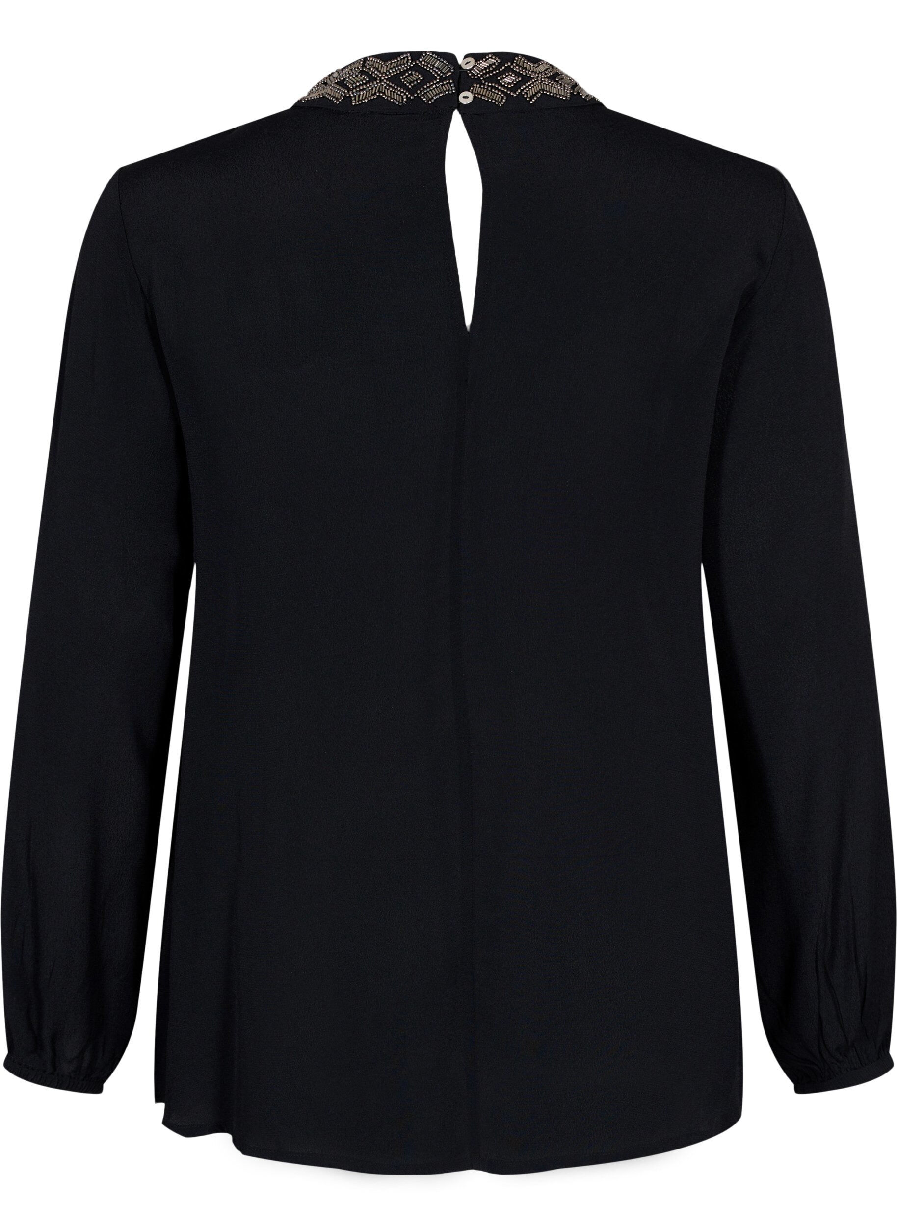 Zizzifashion Long-sleeved viscose blouse with pearls, Black, Packshot image number 1