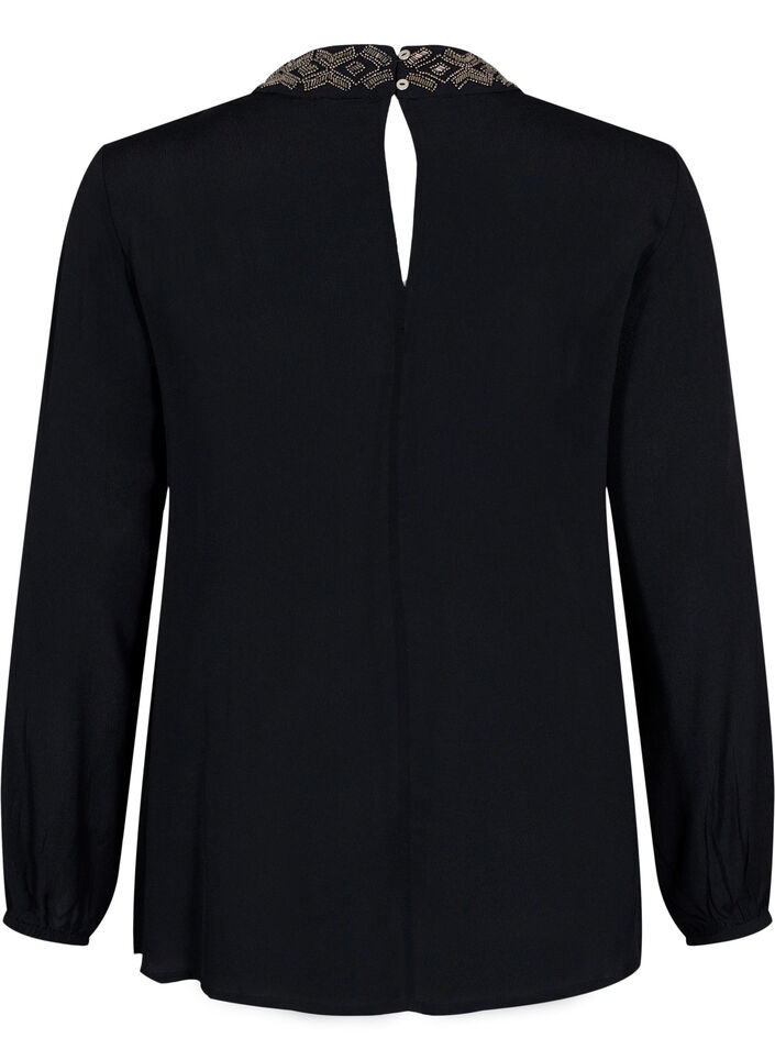 Long-sleeved viscose blouse with pearls, Black, Packshot image number 1