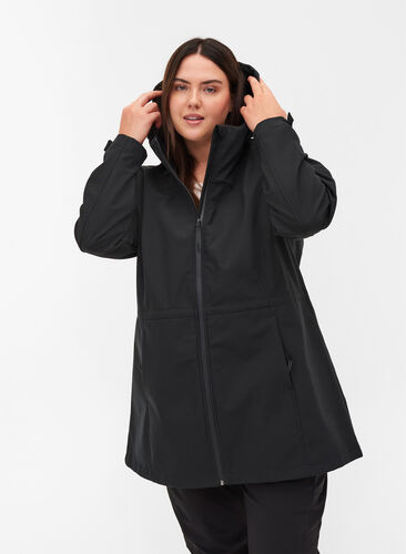Hooded softshell jacket with adjustable waist, Black, Model image number 0
