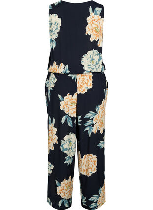 Viscose jumpsuit with buttons and tie-belt, Roses on Navy, Packshot image number 1