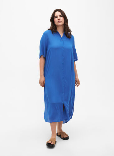 Viscose shirt dress with short sleeves, Victoria blue, Model image number 0