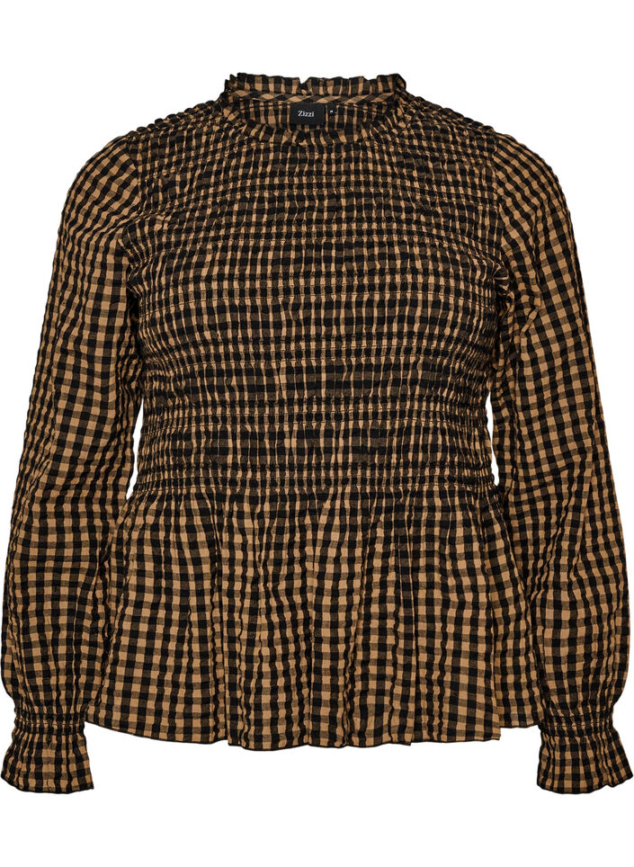 Checked blouse with smocking and peplum, Brown, Packshot image number 0