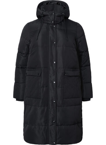 Long puffer jacket with pockets and hood, Black, Packshot image number 0