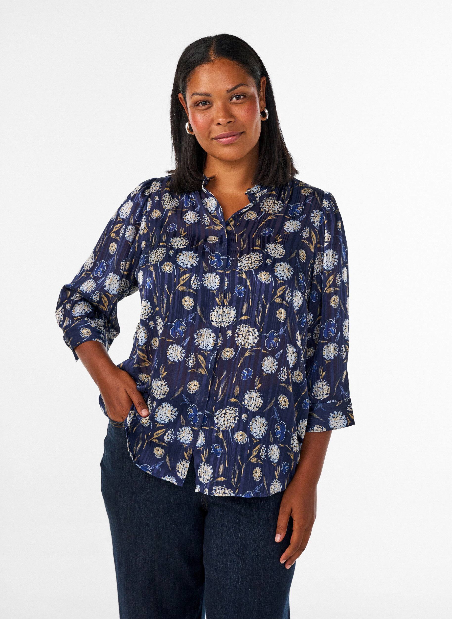 ZizzifashionPatterned shirt with a stand-up collar and 3/4-sleeves, Blue, Model image number 0