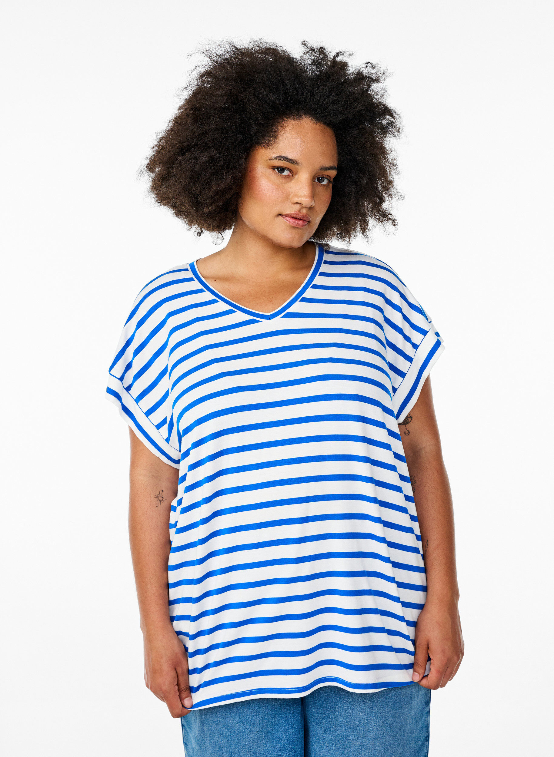 Striped T-shirt with V-neck, Blue, Model