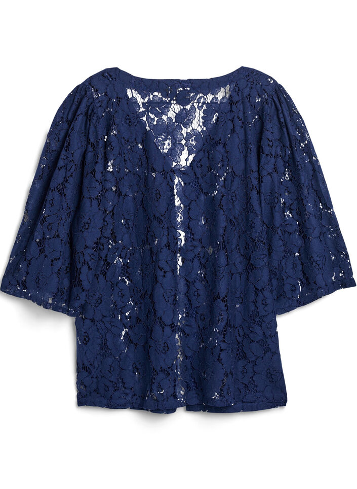 Lace blouse with 3/4 sleeves and bows on the front, Blue, Packshot image number 1
