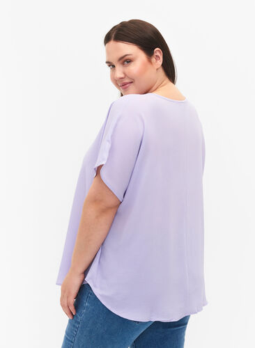 Blouse with short sleeves and a round neckline, Lavender, Model image number 1