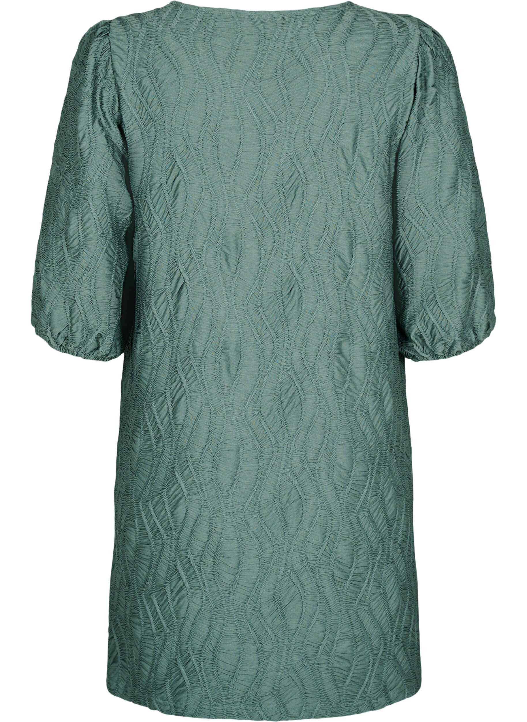 Zizzifashion Short dress with texture and 3/4 sleeves, Green, Packshot image number 1