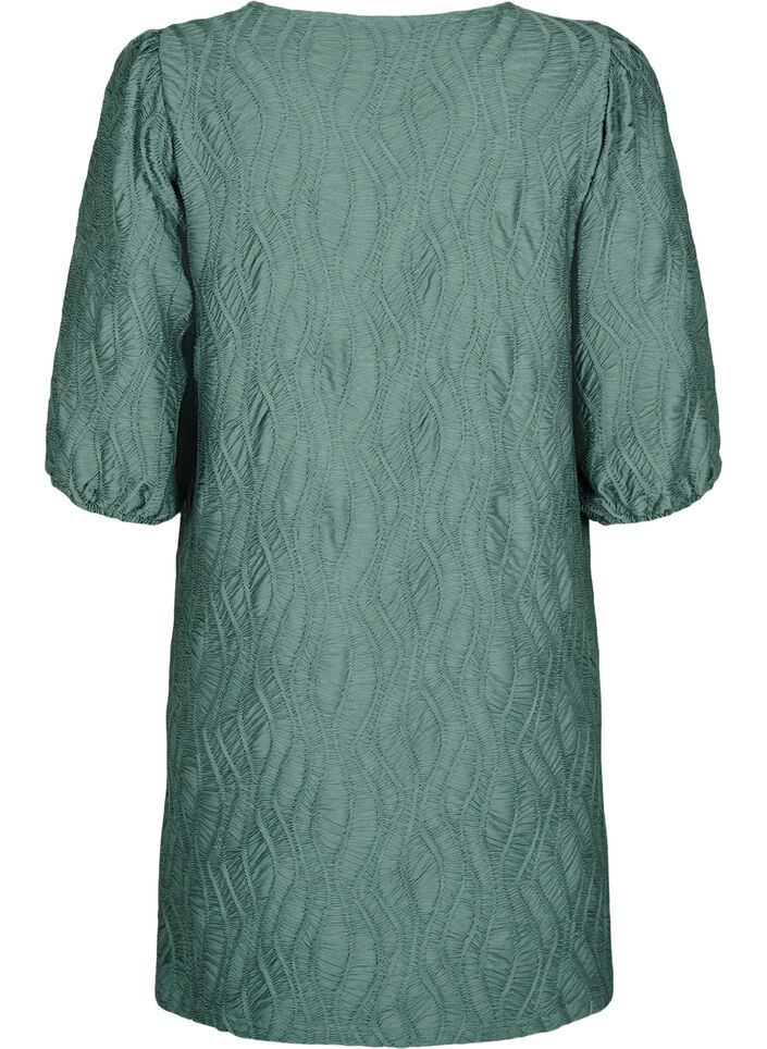 Short dress with texture and 3/4 sleeves, Green, Packshot image number 1
