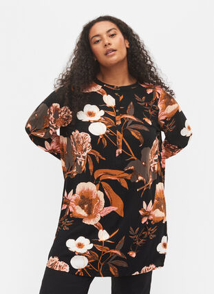 Floral tunic with long sleeves in viscose, Black Flower AOP, Model image number 0