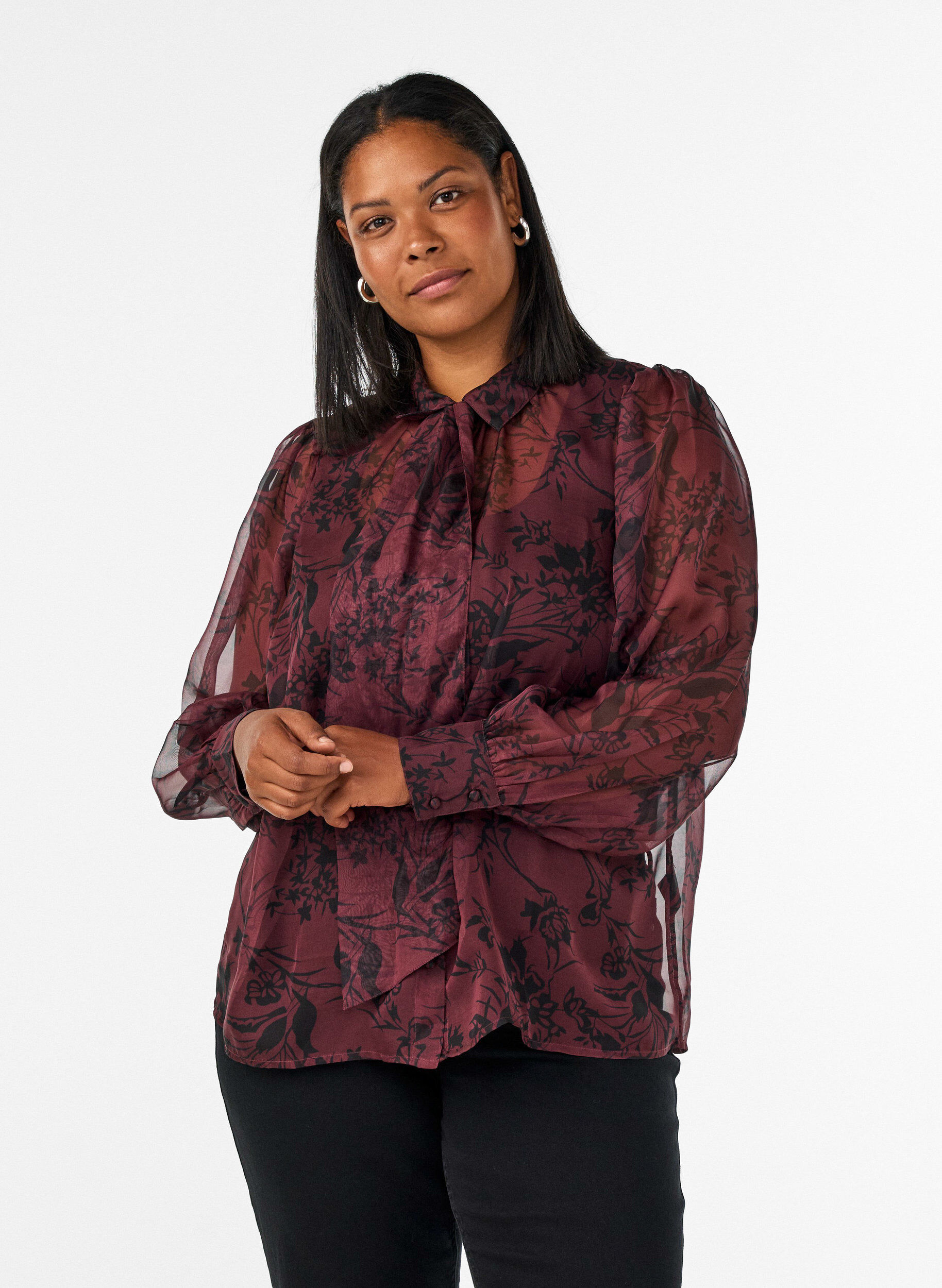 ZizzifashionSheer shirt blouse with floral pattern and tie detail, Dark Bordeaux, Model image number 0