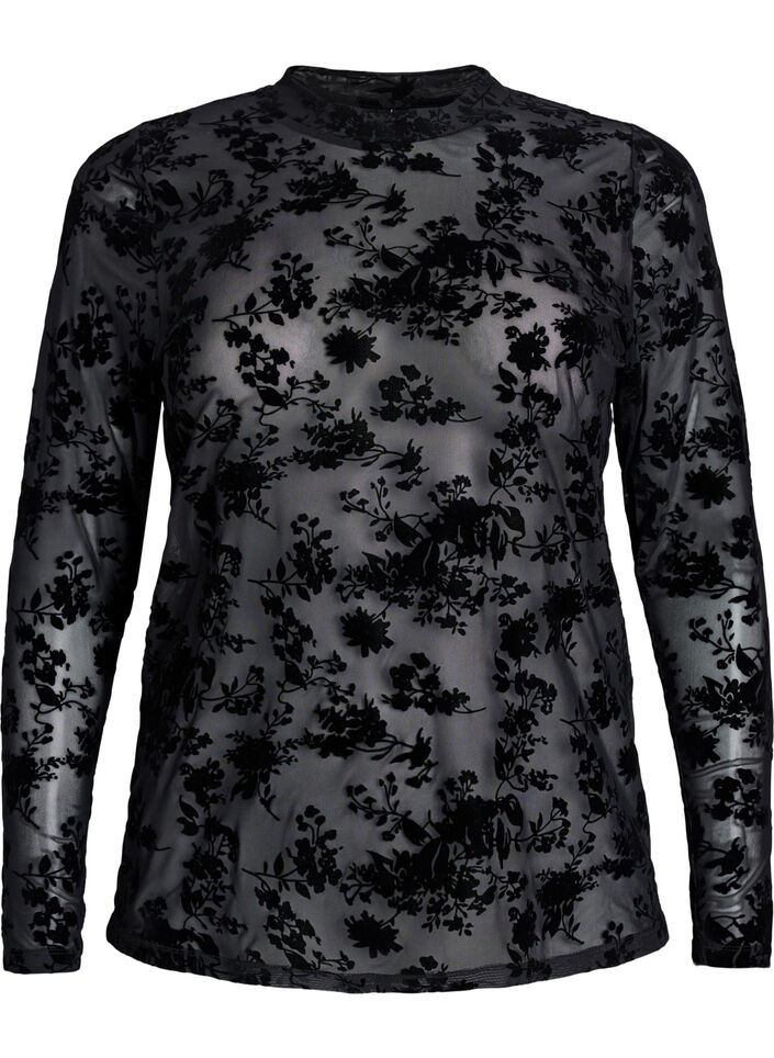 Mesh blouse with floral pattern, Black, Packshot image number 0
