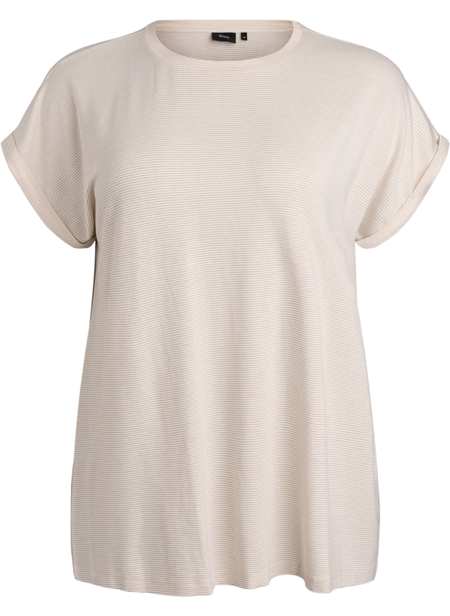 ZizzifashionViscose T-shirt with glitter stripes, Vanilla, Packshot image number 0