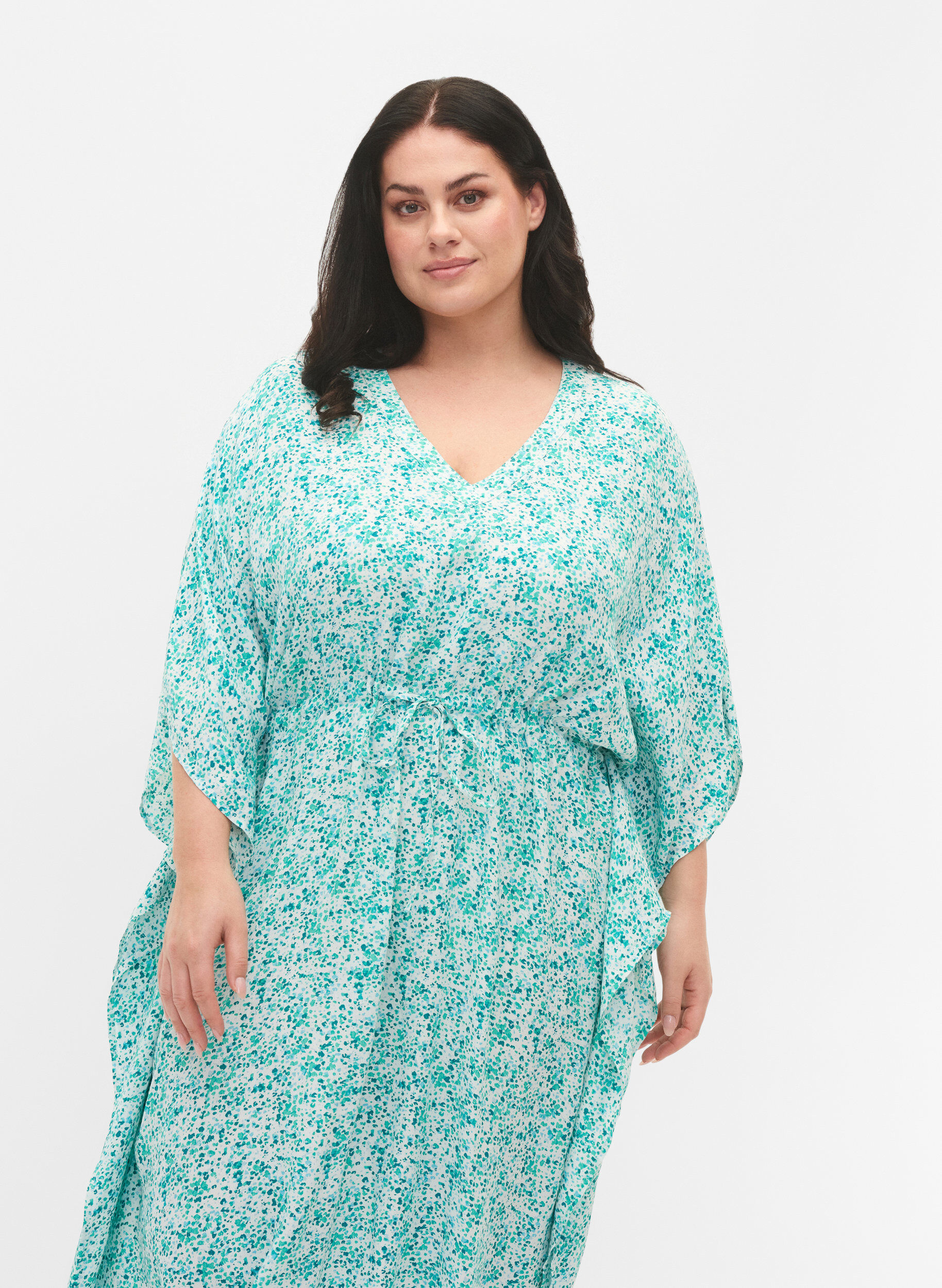 Zizzifashion Viscose caftan dress with print, Green Dot, Model image number 2