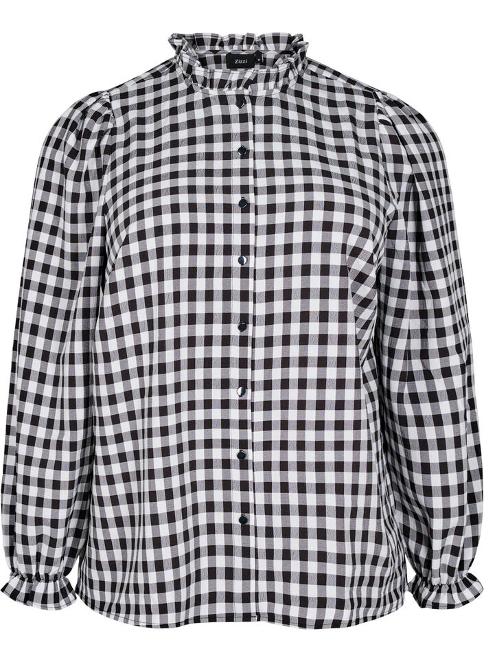 Checked shirt blouse with ruffle details, Black/W. Gingham, Packshot image number 0
