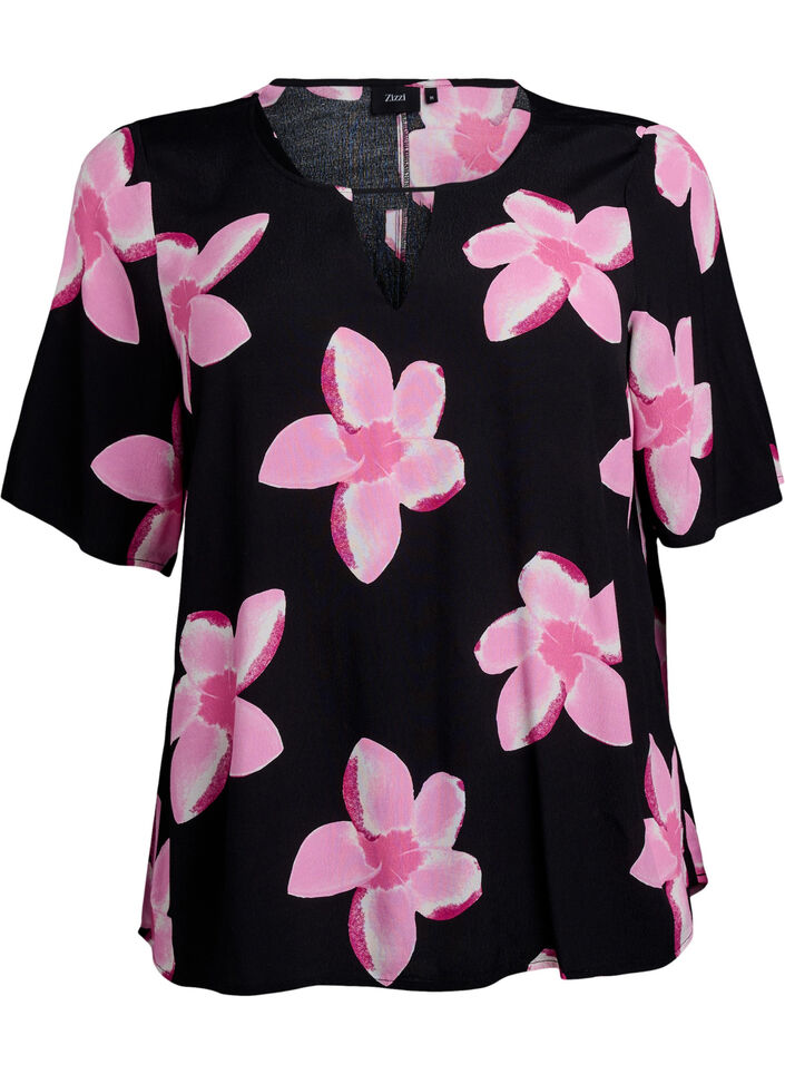 Short sleeve viscose Blouse with print, Black, Packshot image number 0