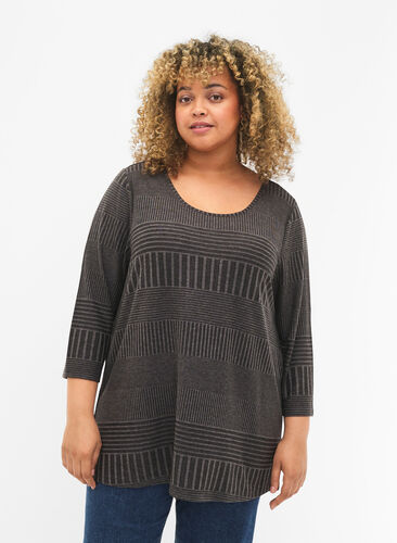 Blouse with 3/4 sleeves and striped pattern, Dark Grey Melange, Model image number 0