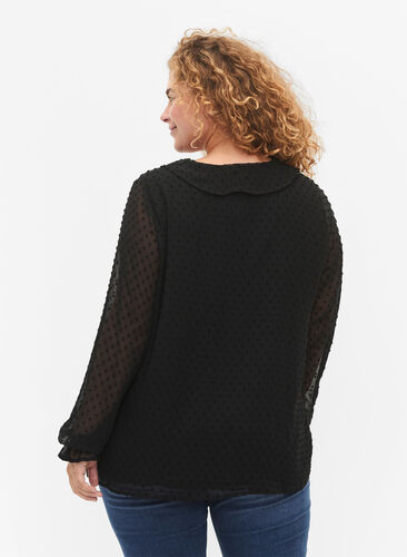 Blouse with ruffles and dotted texture, Black, Model image number 1