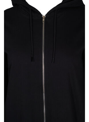 Long cotton sweat cardigan with hood, Black, Packshot image number 2