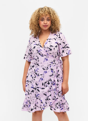 Floral wrap dress with short sleeves, Purple AOP, Model image number 0