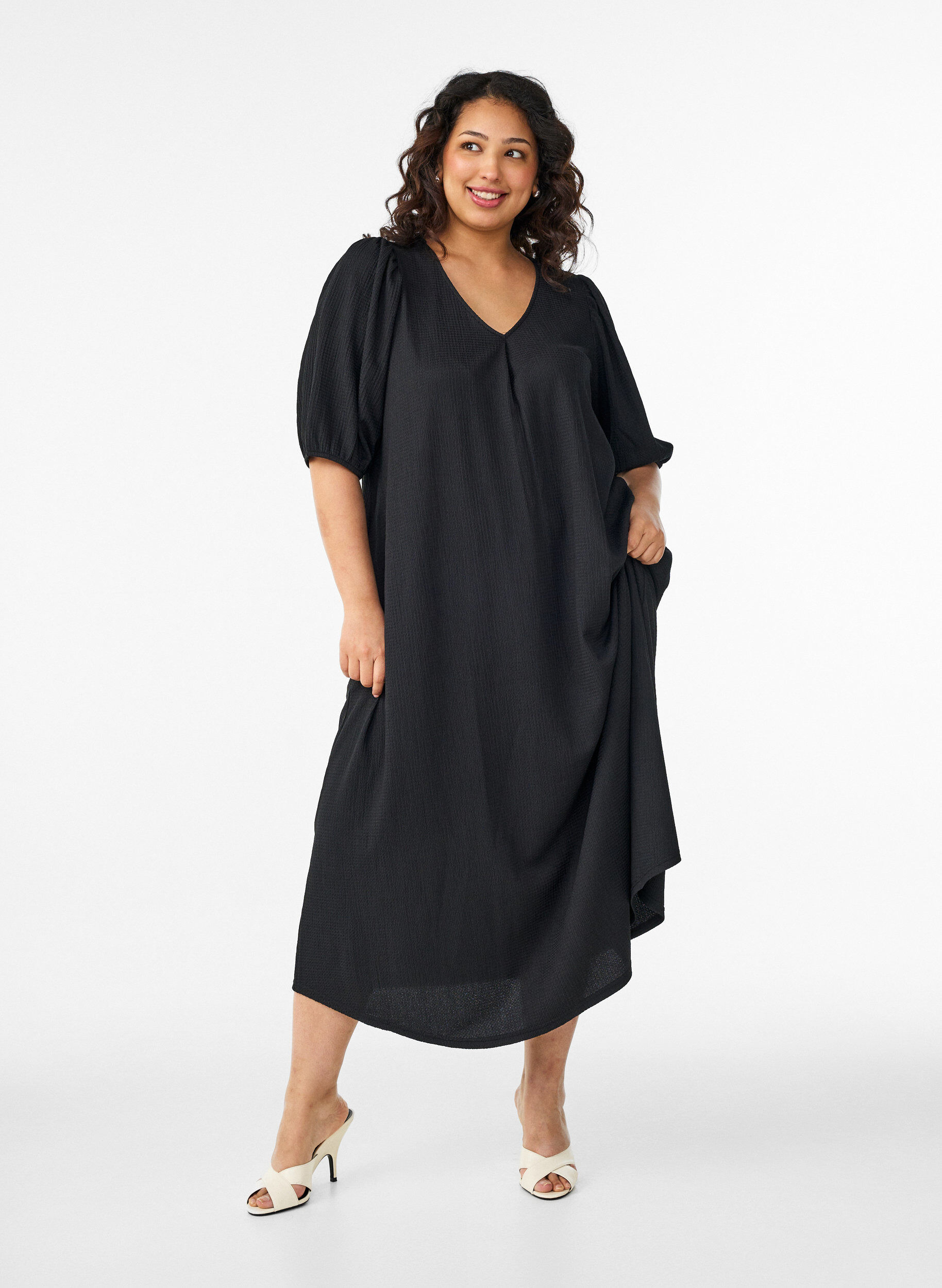 ZizzifashionMidi dress with V-neck and texture, Black, Model image number 0