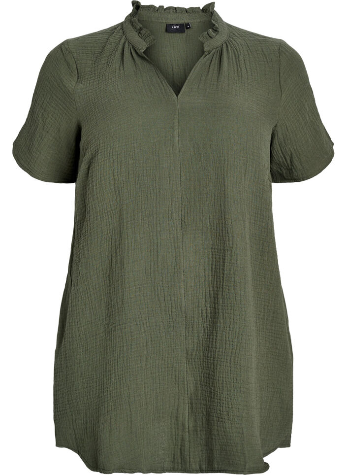 Cotton muslin tunic with short sleeves, Green, Packshot image number 0