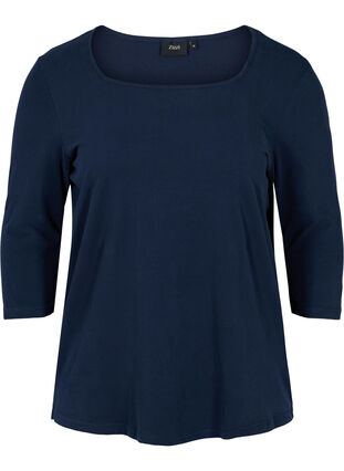Solid-coloured cotton t-shirt with 3/4-length sleeves, Navy Blazer, Packshot image number 0